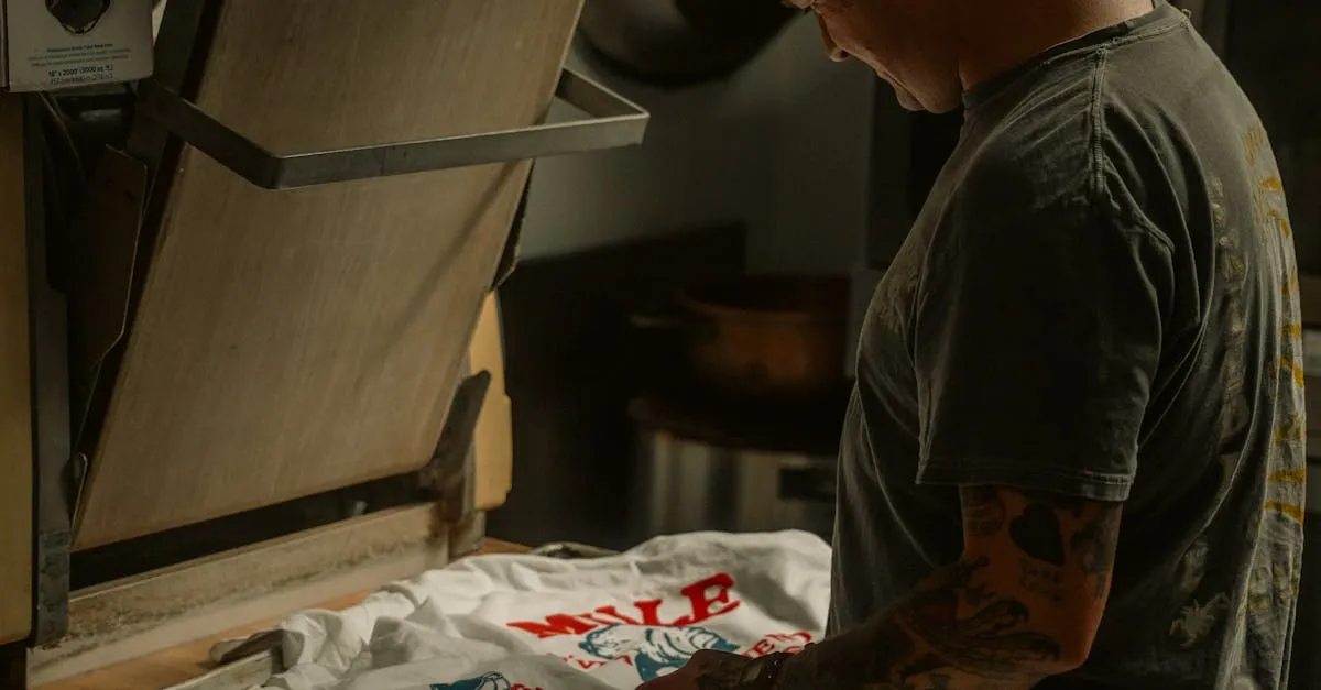 Workshop scene with a person preparing a t-shirt with a heat press
